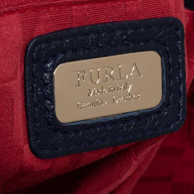 Pre Owned Furla Navy Blue Croc Embossed Leather Side Zip Tote