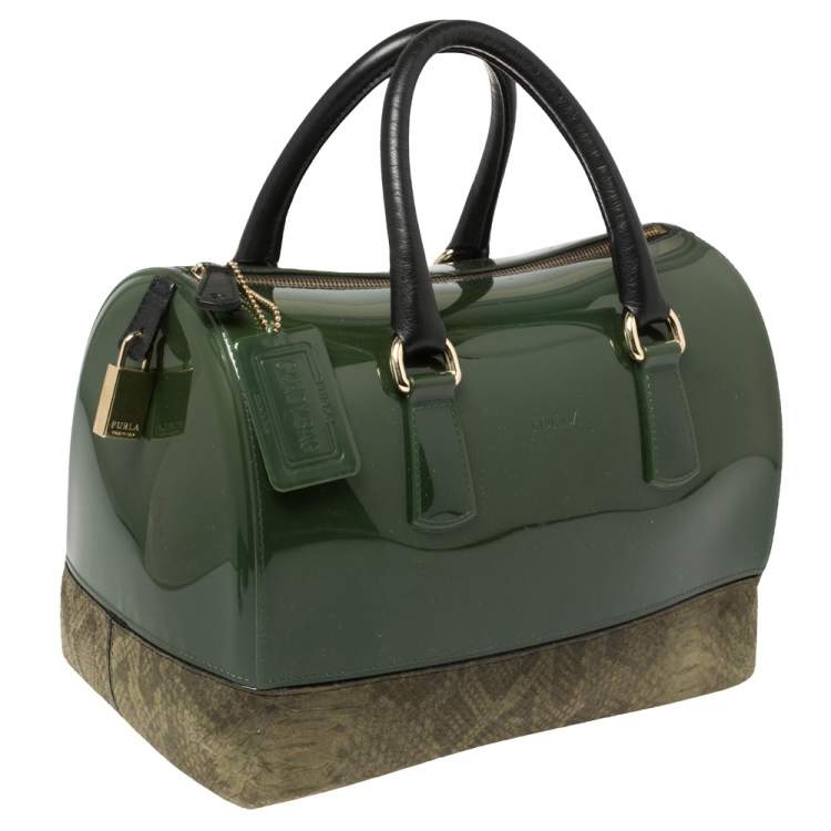Pre Owned Furla Green Rubber and Pyhton Embossed Leather Medium Candy Satchel