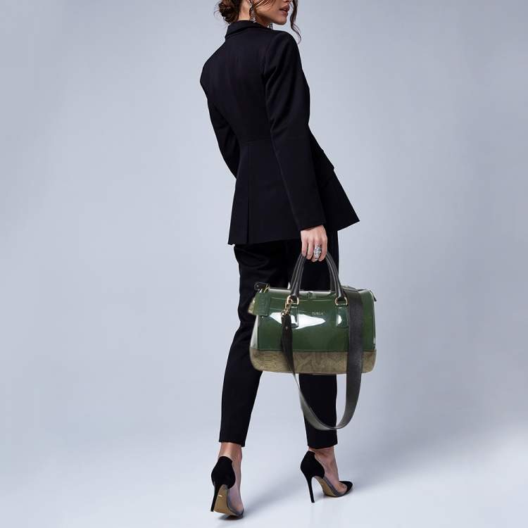Pre Owned Furla Green Rubber and Pyhton Embossed Leather Medium Candy Satchel
