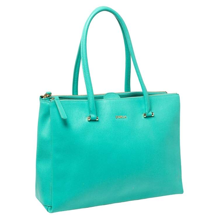 Pre Owned Furla Green Leather Large Lotus Tote