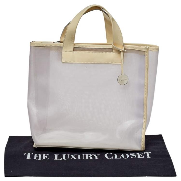 Pre Owned Furla Cream Mesh And Patent Leather Divide It Tote