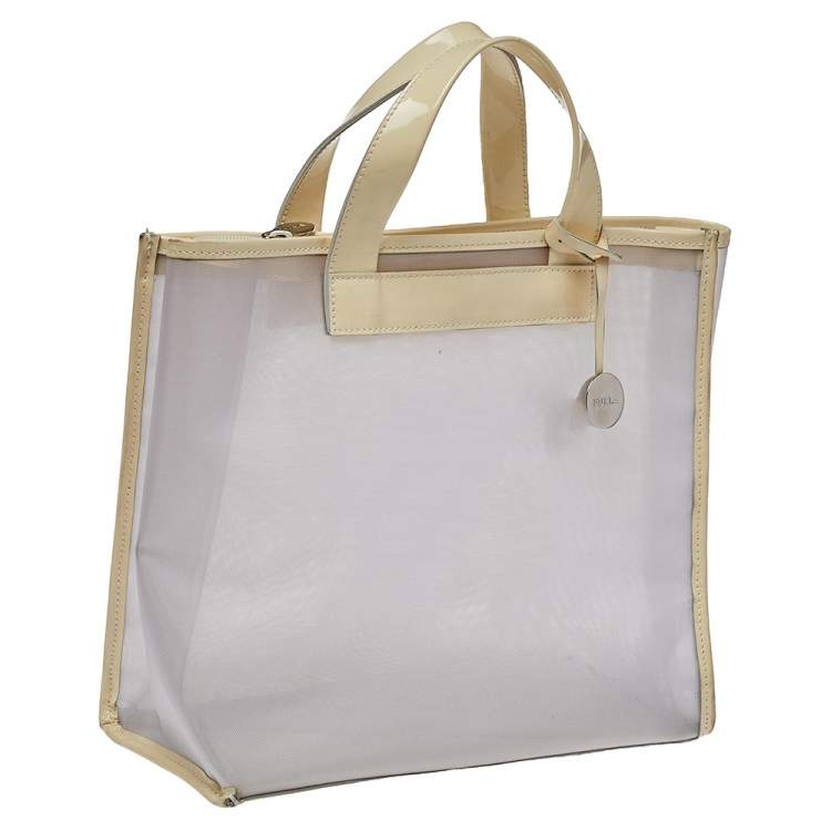 Pre Owned Furla Cream Mesh And Patent Leather Divide It Tote