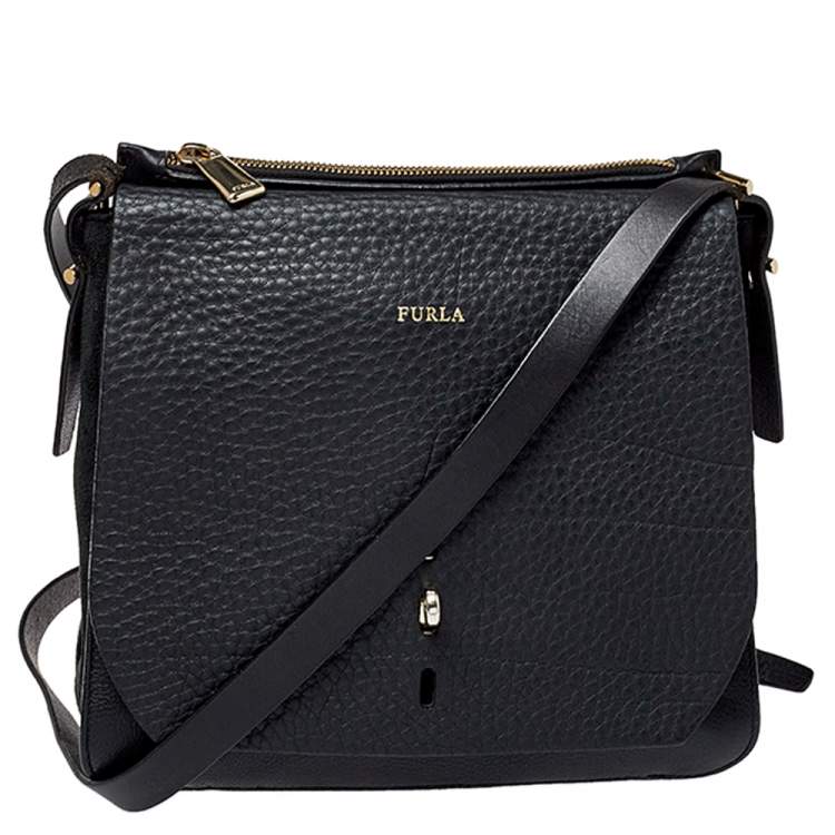 Furla Black Black Leather Suede Hobo Shoulder Handbag Made In Italy