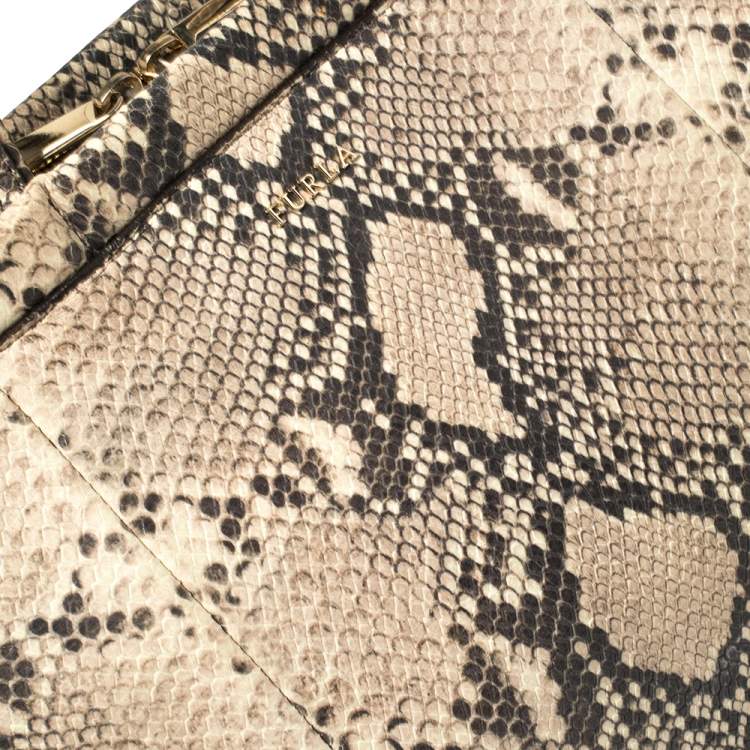Pre Owned Furla Beige Python Embossed Leather Zip Tote