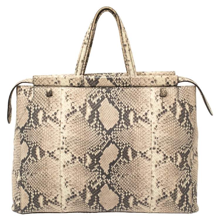 Pre Owned Furla Beige Python Embossed Leather Zip Tote