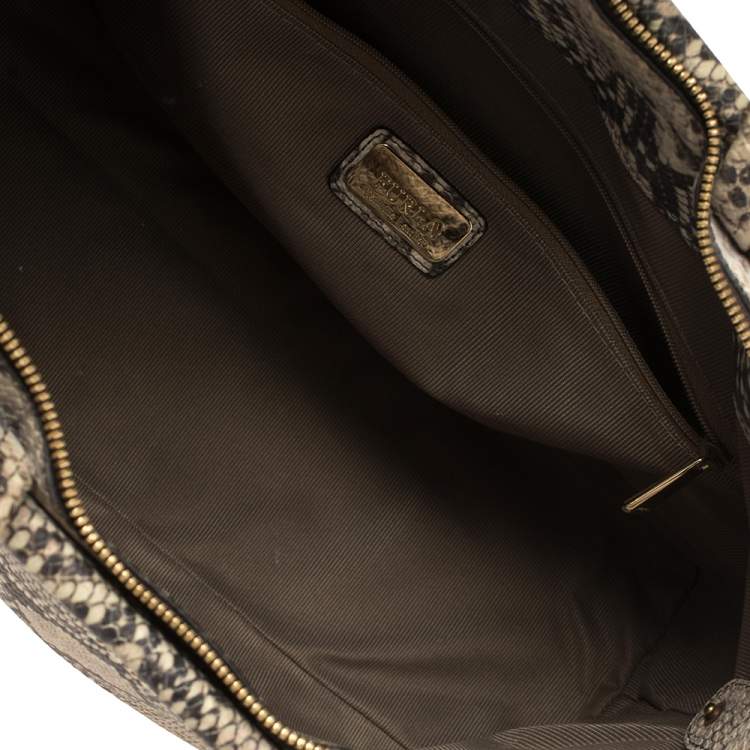 Pre Owned Furla Beige Python Embossed Leather Zip Tote