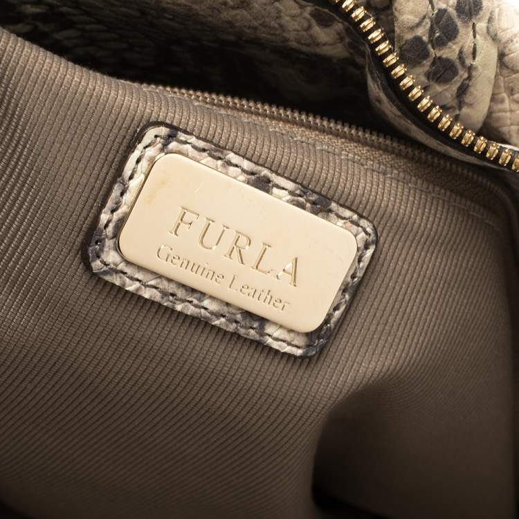 Pre Owned Furla Beige Python Embossed Leather Zip Tote