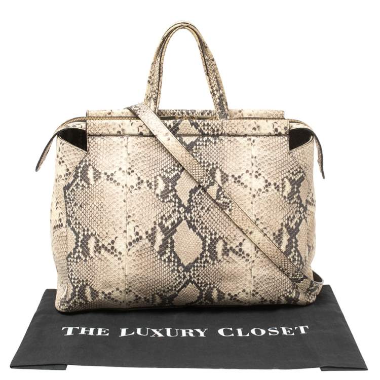 Pre Owned Furla Beige Python Embossed Leather Zip Tote