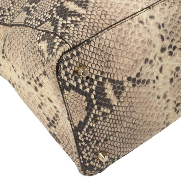 Pre Owned Furla Beige Python Embossed Leather Zip Tote