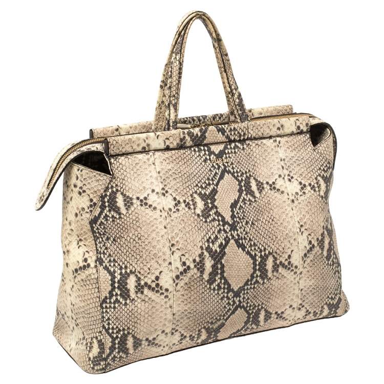Pre Owned Furla Beige Python Embossed Leather Zip Tote