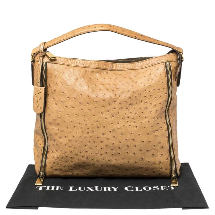 Pre Owned Furla Beige Ostrich Embossed Leather Zip Hobo