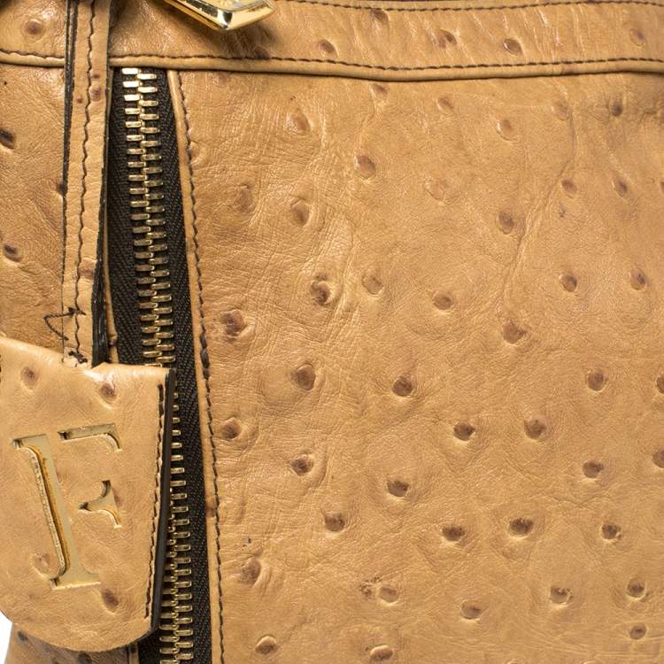 Pre Owned Furla Beige Ostrich Embossed Leather Zip Hobo