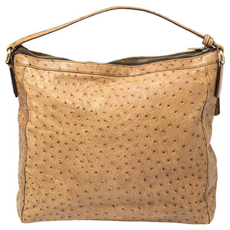 Pre Owned Furla Beige Ostrich Embossed Leather Zip Hobo
