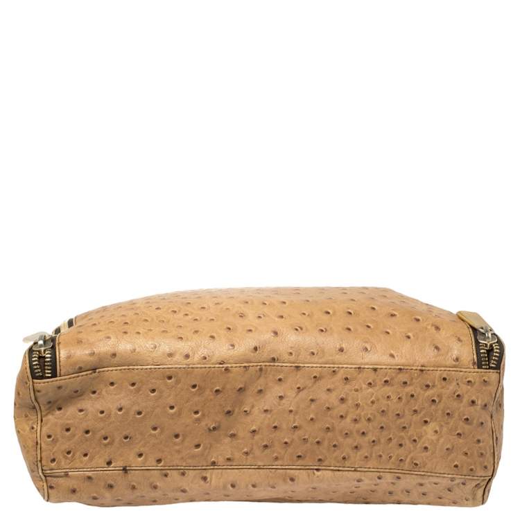 Pre Owned Furla Beige Ostrich Embossed Leather Zip Hobo