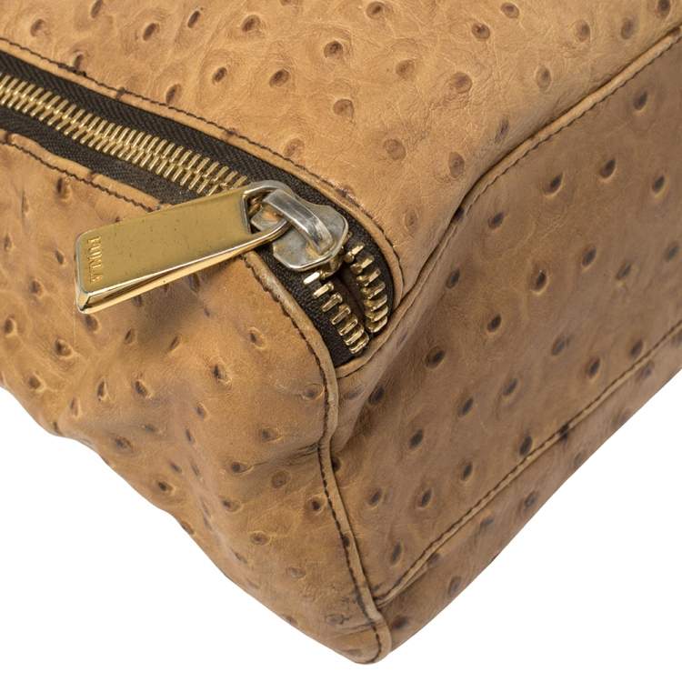 Pre Owned Furla Beige Ostrich Embossed Leather Zip Hobo