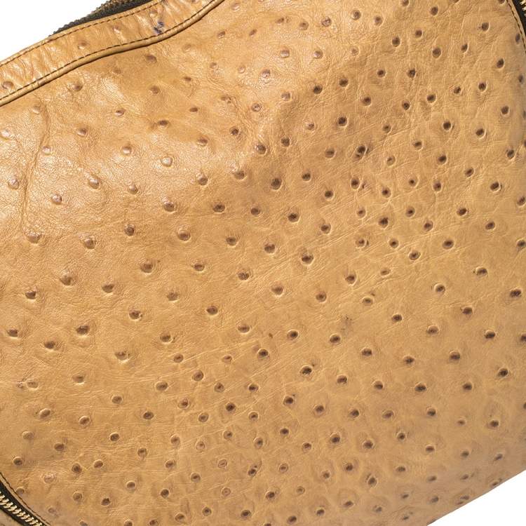 Pre Owned Furla Beige Ostrich Embossed Leather Zip Hobo
