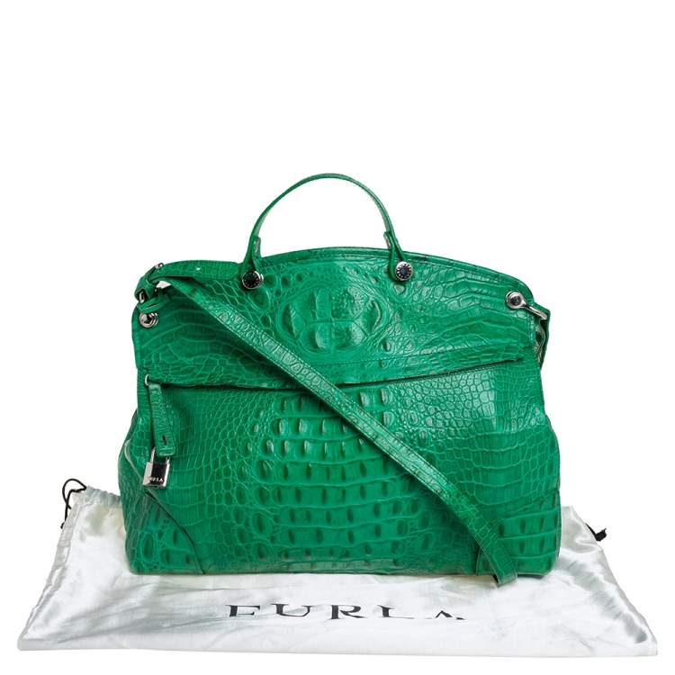 مملوكة مسبقًا Furla Green Crococodile Embossed Leather Piper Dome Satchel