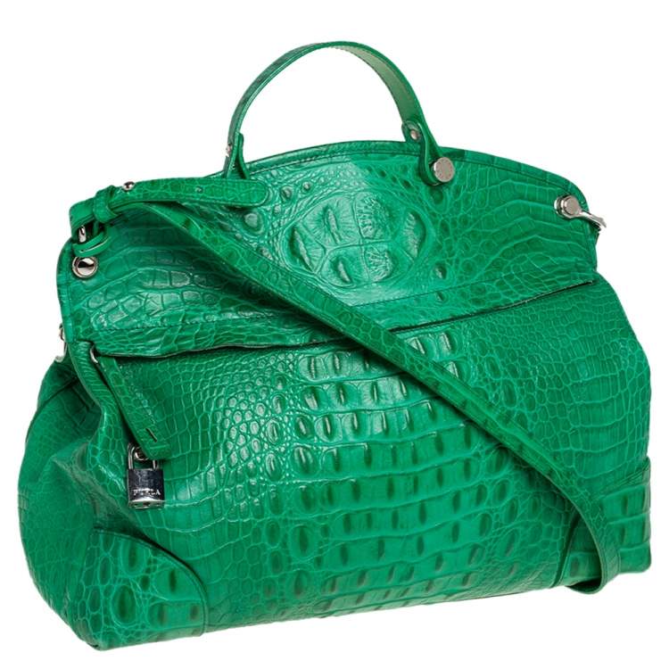 مملوكة مسبقًا Furla Green Crococodile Embossed Leather Piper Dome Satchel
