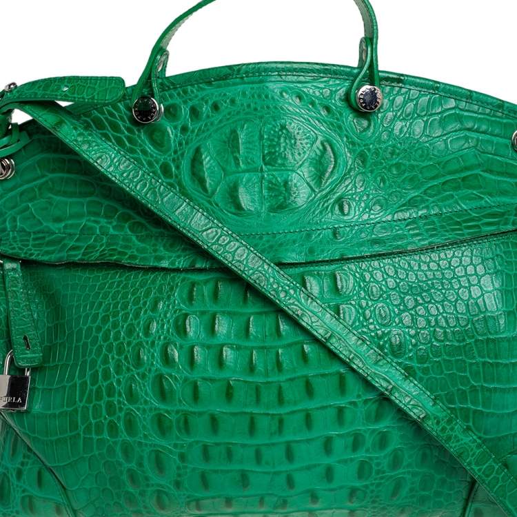 مملوكة مسبقًا Furla Green Crococodile Embossed Leather Piper Dome Satchel
