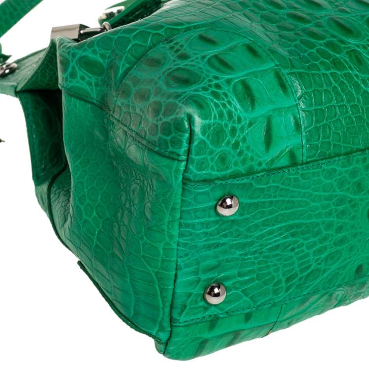 مملوكة مسبقًا Furla Green Crococodile Embossed Leather Piper Dome Satchel