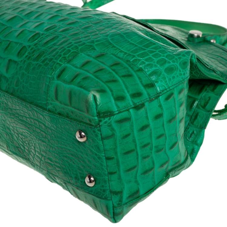 مملوكة مسبقًا Furla Green Crococodile Embossed Leather Piper Dome Satchel