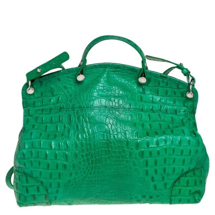 مملوكة مسبقًا Furla Green Crococodile Embossed Leather Piper Dome Satchel