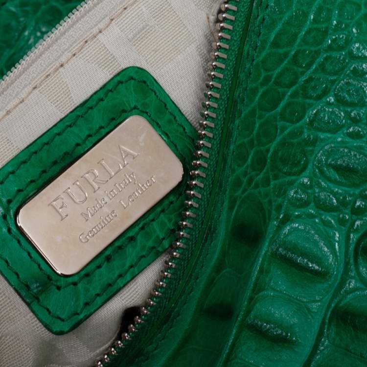 مملوكة مسبقًا Furla Green Crococodile Embossed Leather Piper Dome Satchel