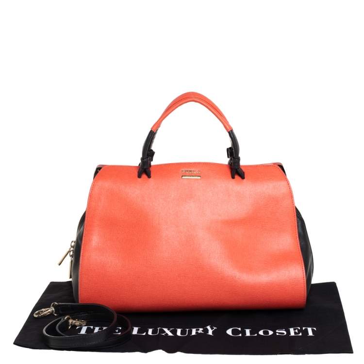 Pre Owned Furla Coral Red/Black Leather Convertible Satchel