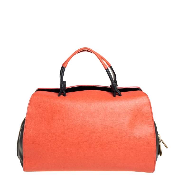 Pre Owned Furla Coral Red/Black Leather Convertible Satchel