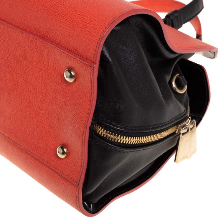 Pre Owned Furla Coral Red/Black Leather Convertible Satchel
