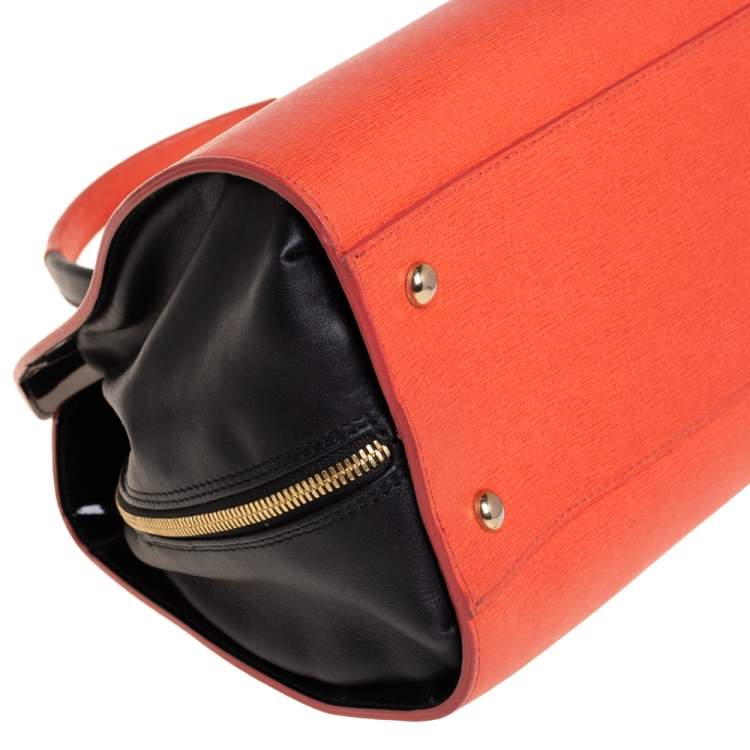 Pre Owned Furla Coral Red/Black Leather Convertible Satchel