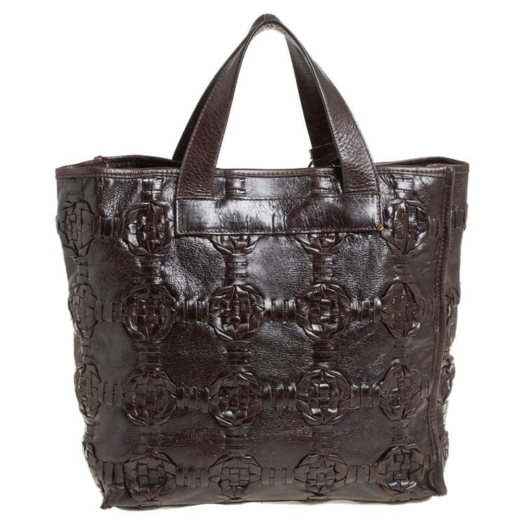 Pre Owned Furla Dark Brown Woven Leather Divide It Tote