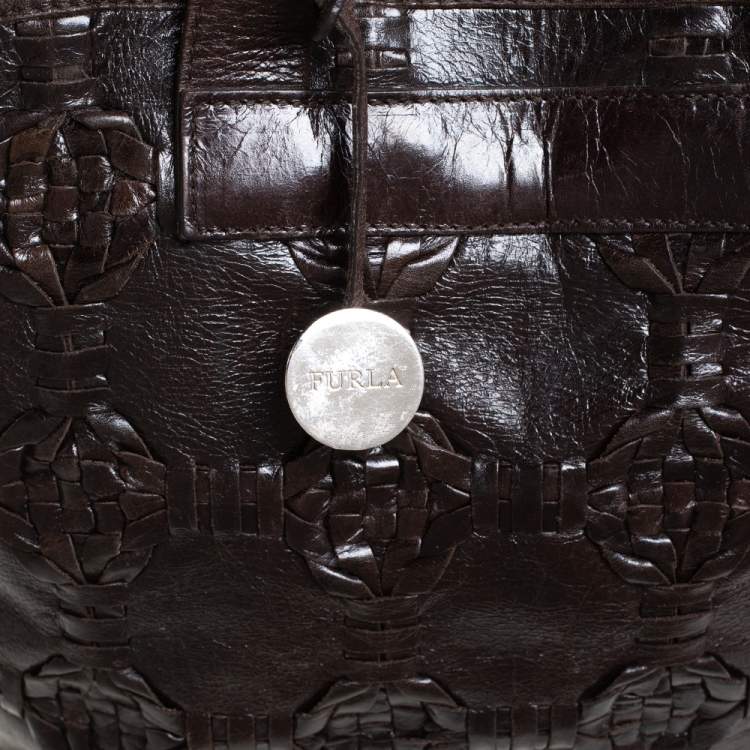 Pre Owned Furla Dark Brown Woven Leather Divide It Tote