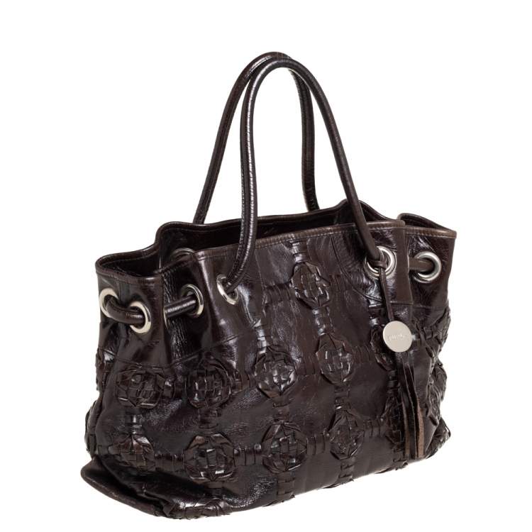 Pre Owned Furla Dark Brown Woven Leather Shoulder Bag
