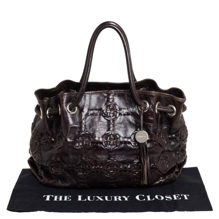 Pre Owned Furla Dark Brown Woven Leather Shoulder Bag