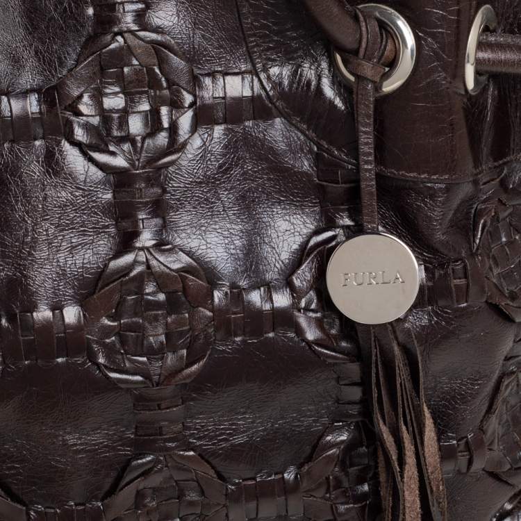 Pre Owned Furla Dark Brown Woven Leather Shoulder Bag