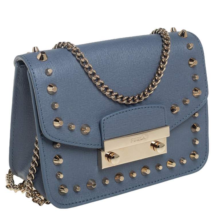 مملوكة مسبقًا Furla Blue Leather Mini Studded Metropolis Chain Crossbody Bag