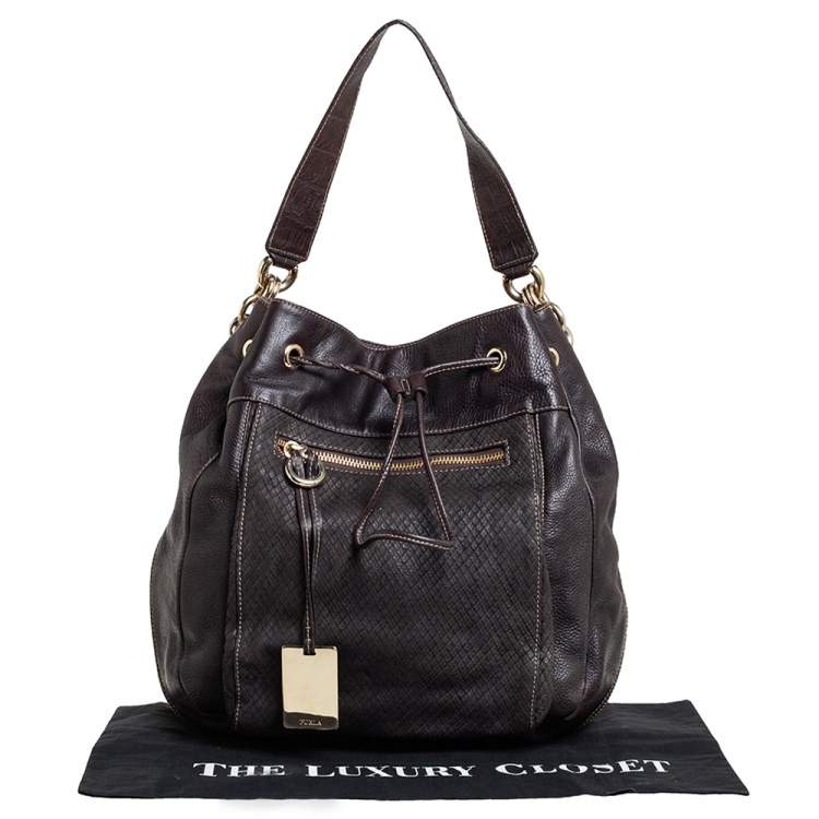 Pre Owned Furla Dark Brown Leather Drawstring Hobo