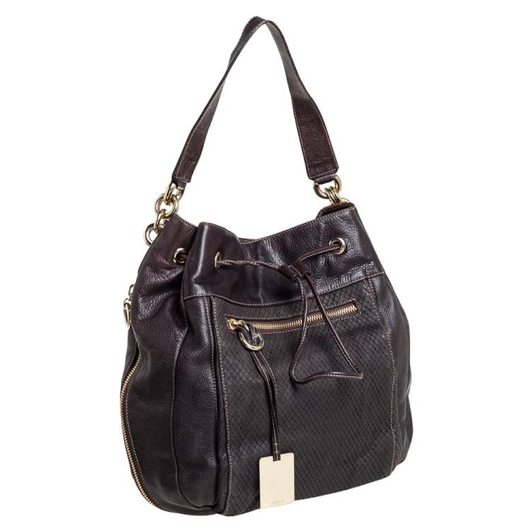 Pre Owned Furla Dark Brown Leather Drawstring Hobo