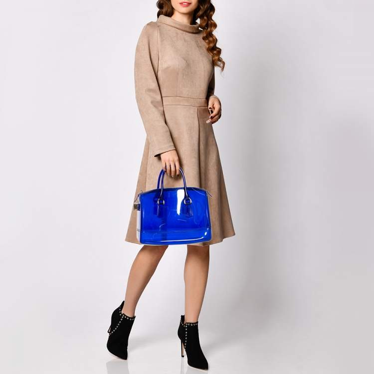 Pre Owned Furla Blue Rubber Medium Candy Satchel
