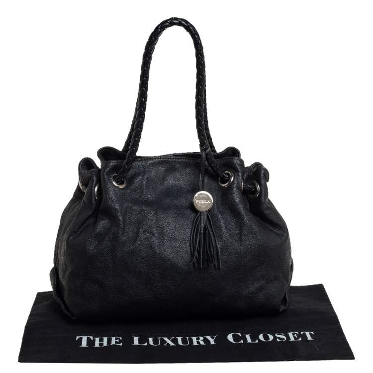 Pre Owned Furla Black Leather Braided Handle Tote 