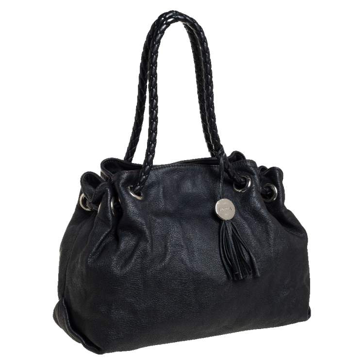 Pre Owned Furla Black Leather Braided Handle Tote 