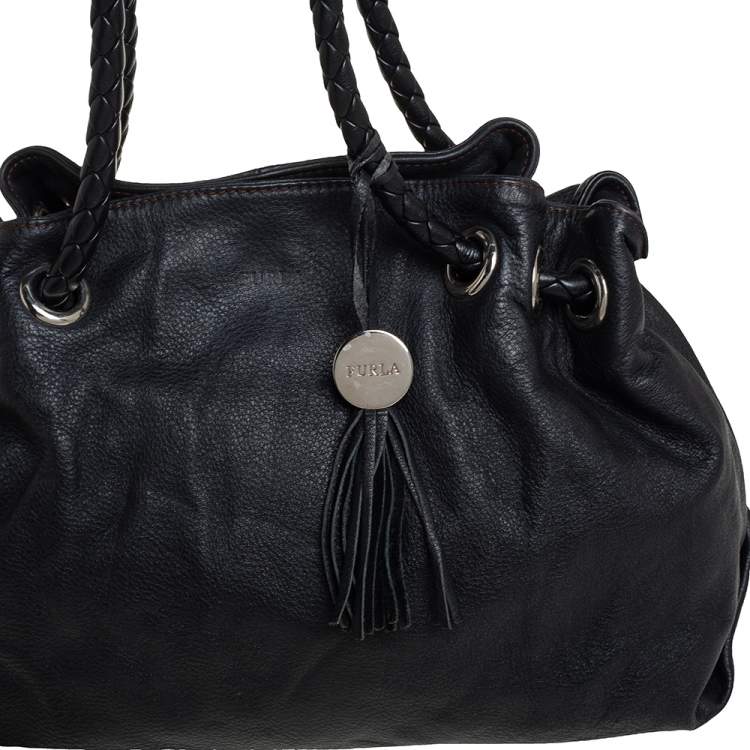 Pre Owned Furla Black Leather Braided Handle Tote 