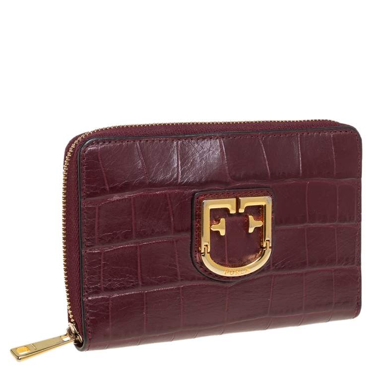Pre Owned Furla Burgundy Croc Embossed Leather Zip Around Wallet.
