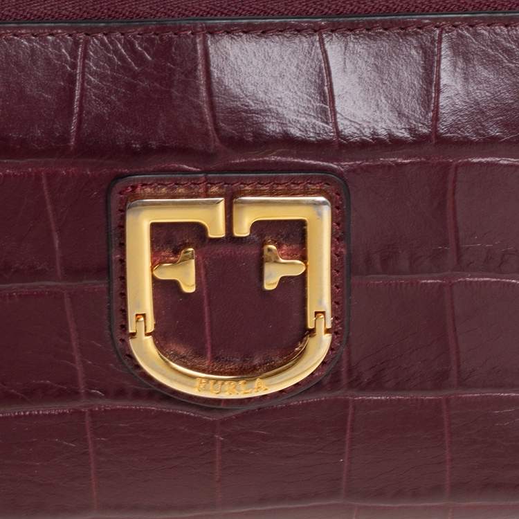Pre Owned Furla Burgundy Croc Embossed Leather Zip Around Wallet.