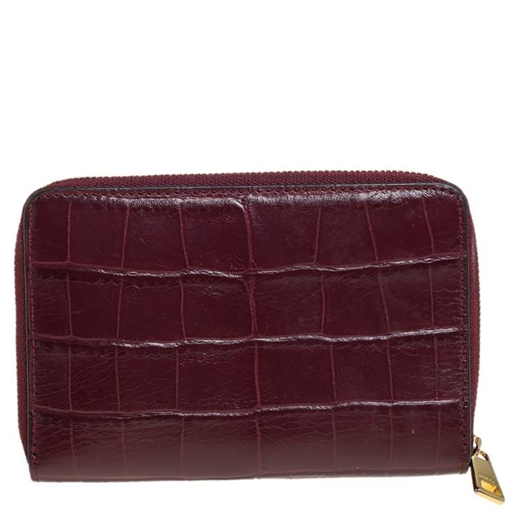 Pre Owned Furla Burgundy Croc Embossed Leather Zip Around Wallet.