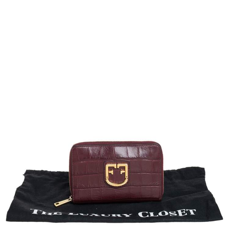 Pre Owned Furla Burgundy Croc Embossed Leather Zip Around Wallet.