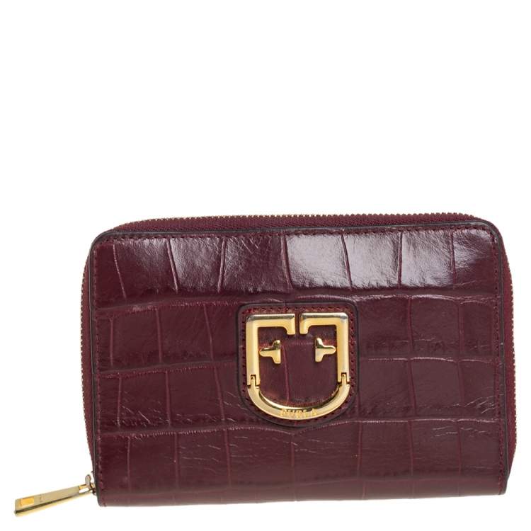 Pre Owned Furla Burgundy Croc Embossed Leather Zip Around Wallet.