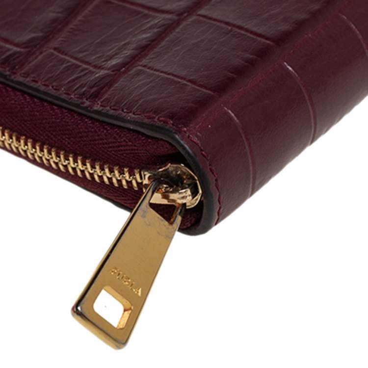 Pre Owned Furla Burgundy Croc Embossed Leather Zip Around Wallet.