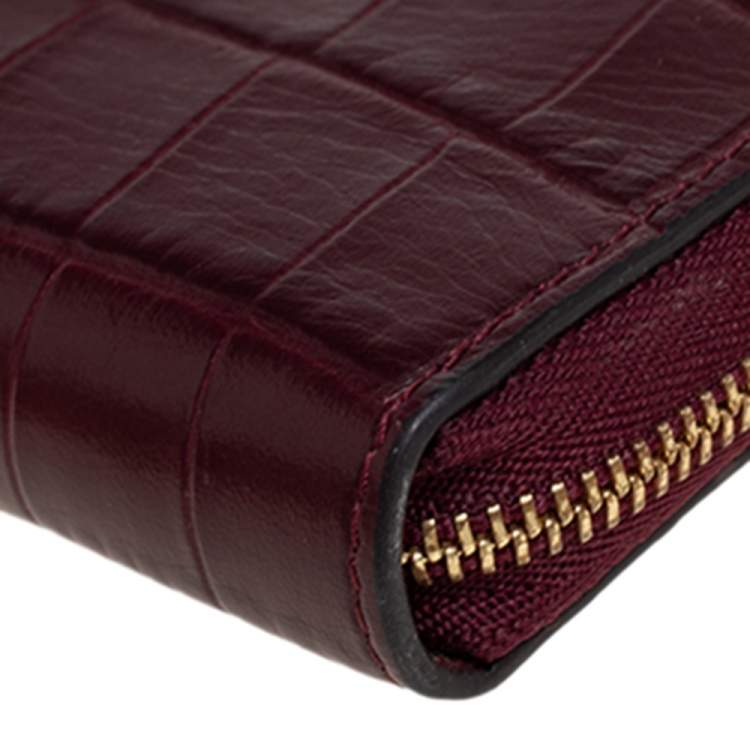 Pre Owned Furla Burgundy Croc Embossed Leather Zip Around Wallet.